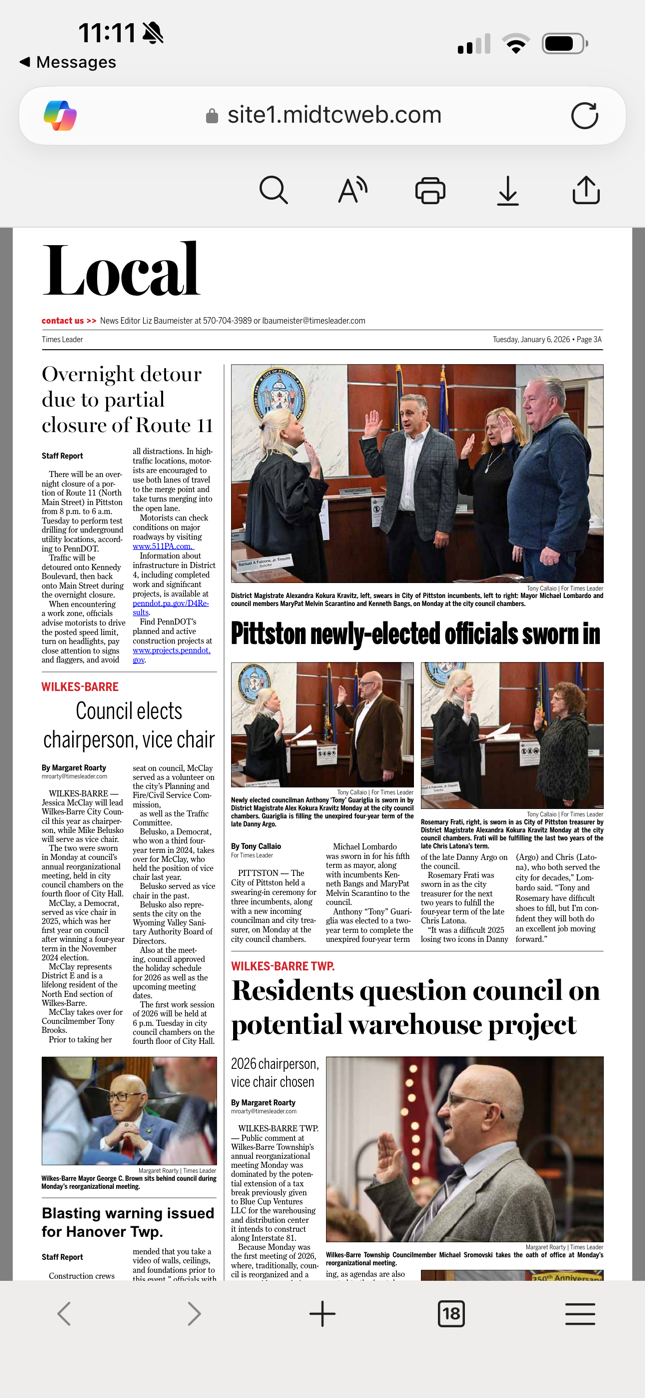 Newspaper coverage of Tony Guariglia being sworn in as Pittston City Councilman